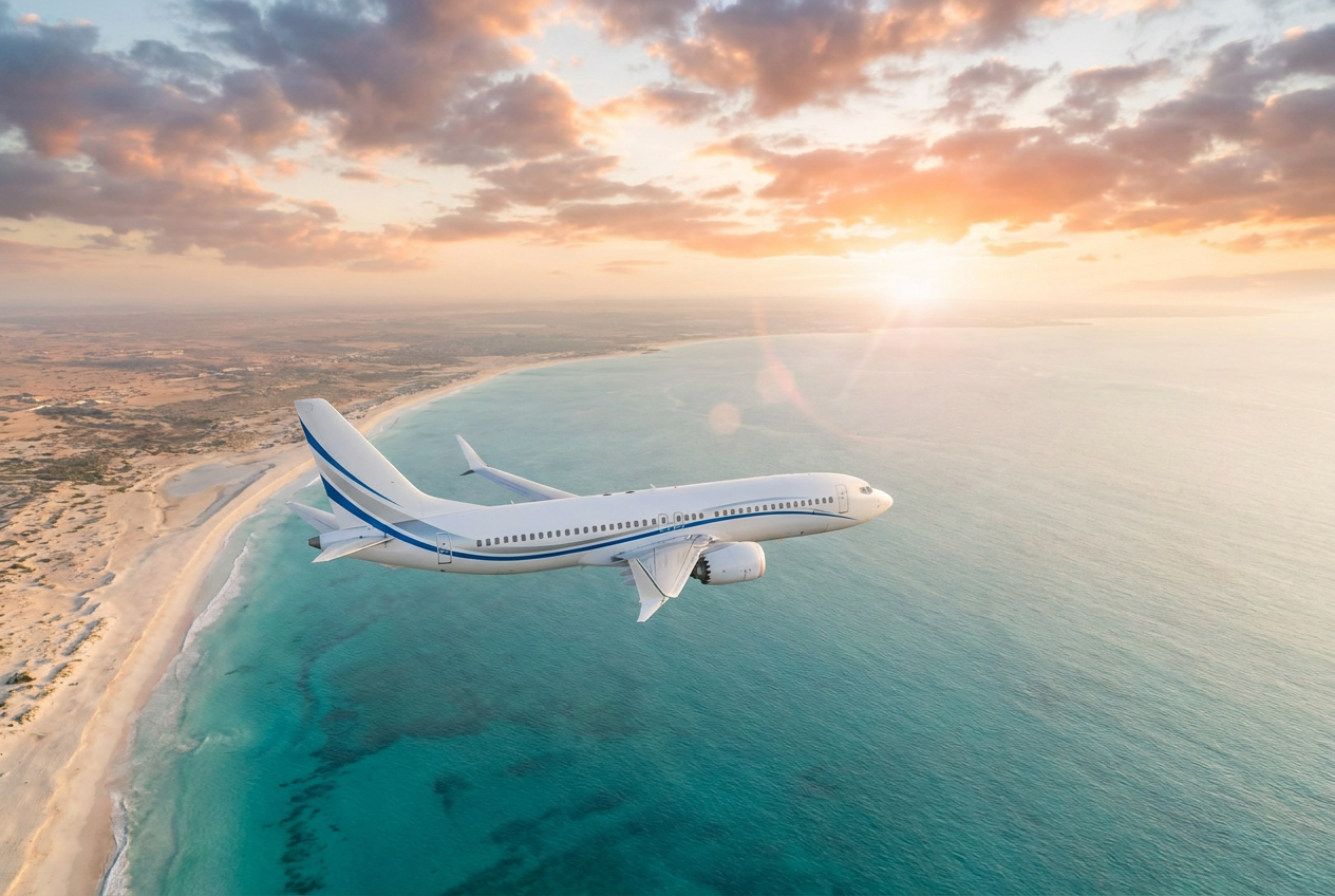 Airliner over the Somali coast at sunset